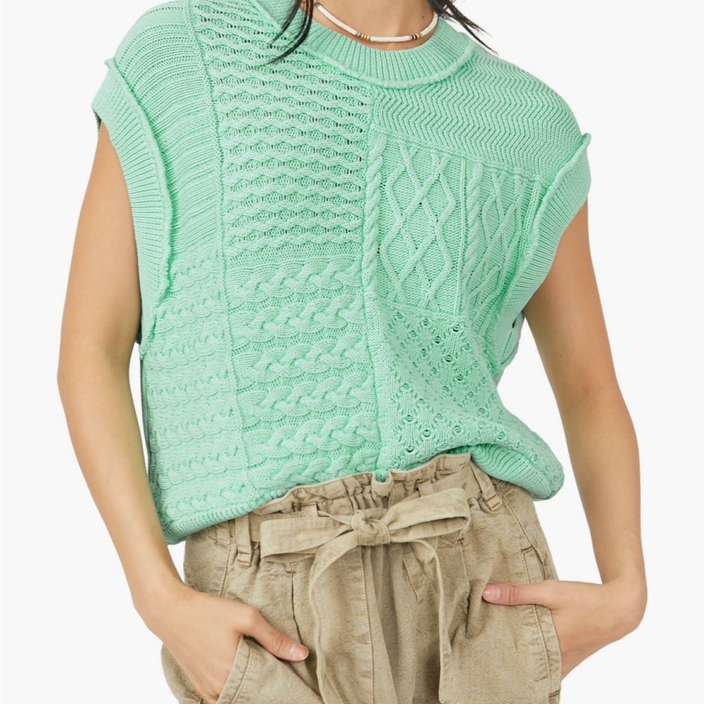 Free People Mint Green CableKnit Cotton Sweater Vest NWT